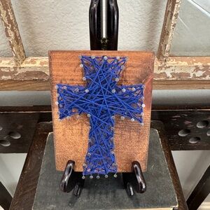 Handcrafted Blue String Art Cross on Wooden Plaque